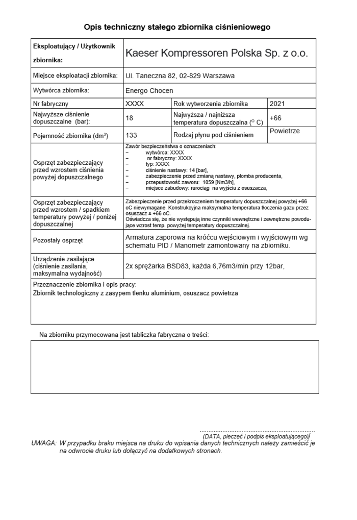 Opis techniczny zbiornika ciśnieniowego osuszacza adsorpcyjnego.