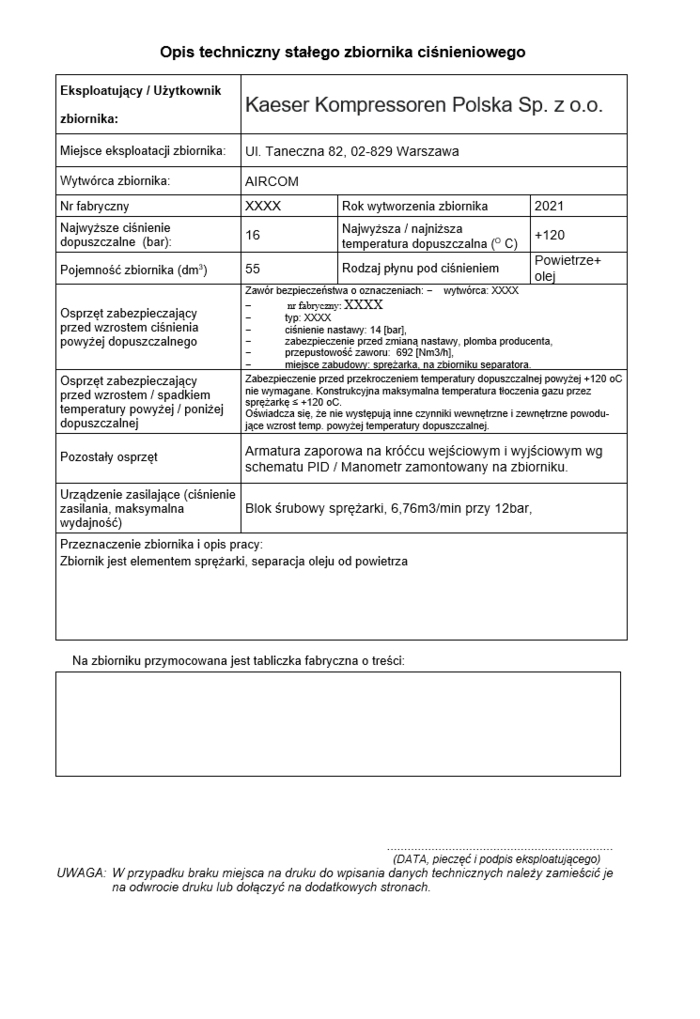 Opis techniczny zbiornika ciśnieniowego w sprężarce.