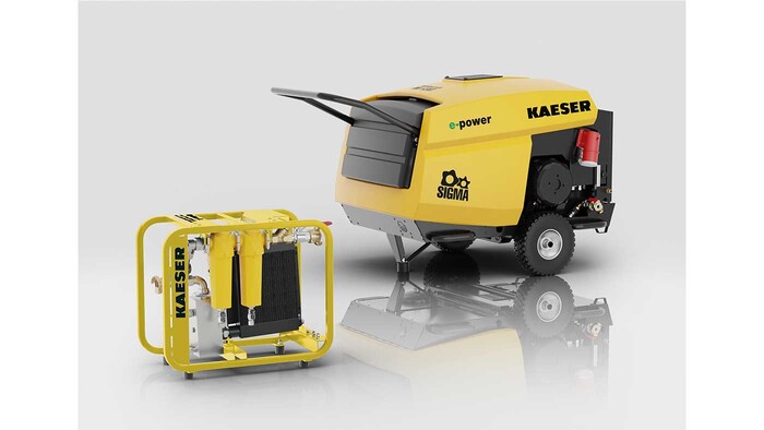 Elektryczna sprężarka przewoźna M13E wraz z przenośnym stelażem chłodnicy końcowej i kombinacji filtrów.