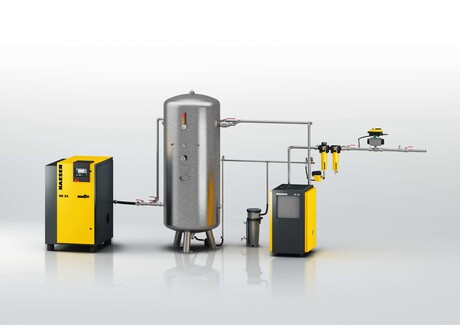 Stacja sprężonego powietrza ze zbiornikiem ciśnieniowym.